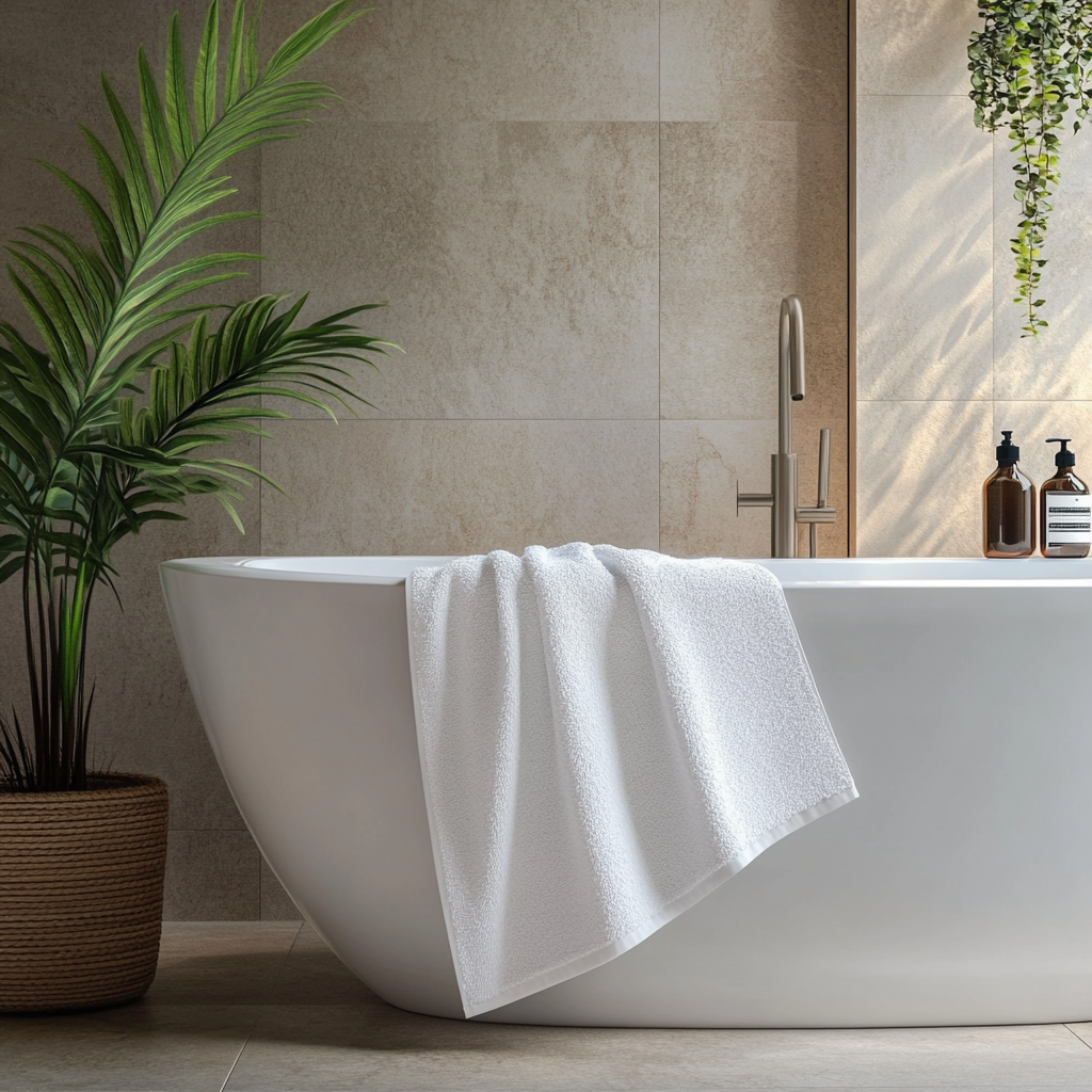 Een witte dikke zachte hotel handdoek die over de rand van een bad hangt.