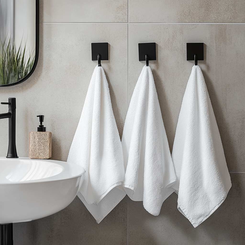 Dikke zachte witte hotel handdoeken die aan een haakje hangen