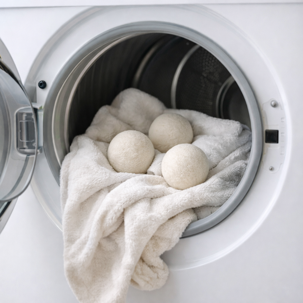 3 wollen wasdrogerballen in een droogtrommel