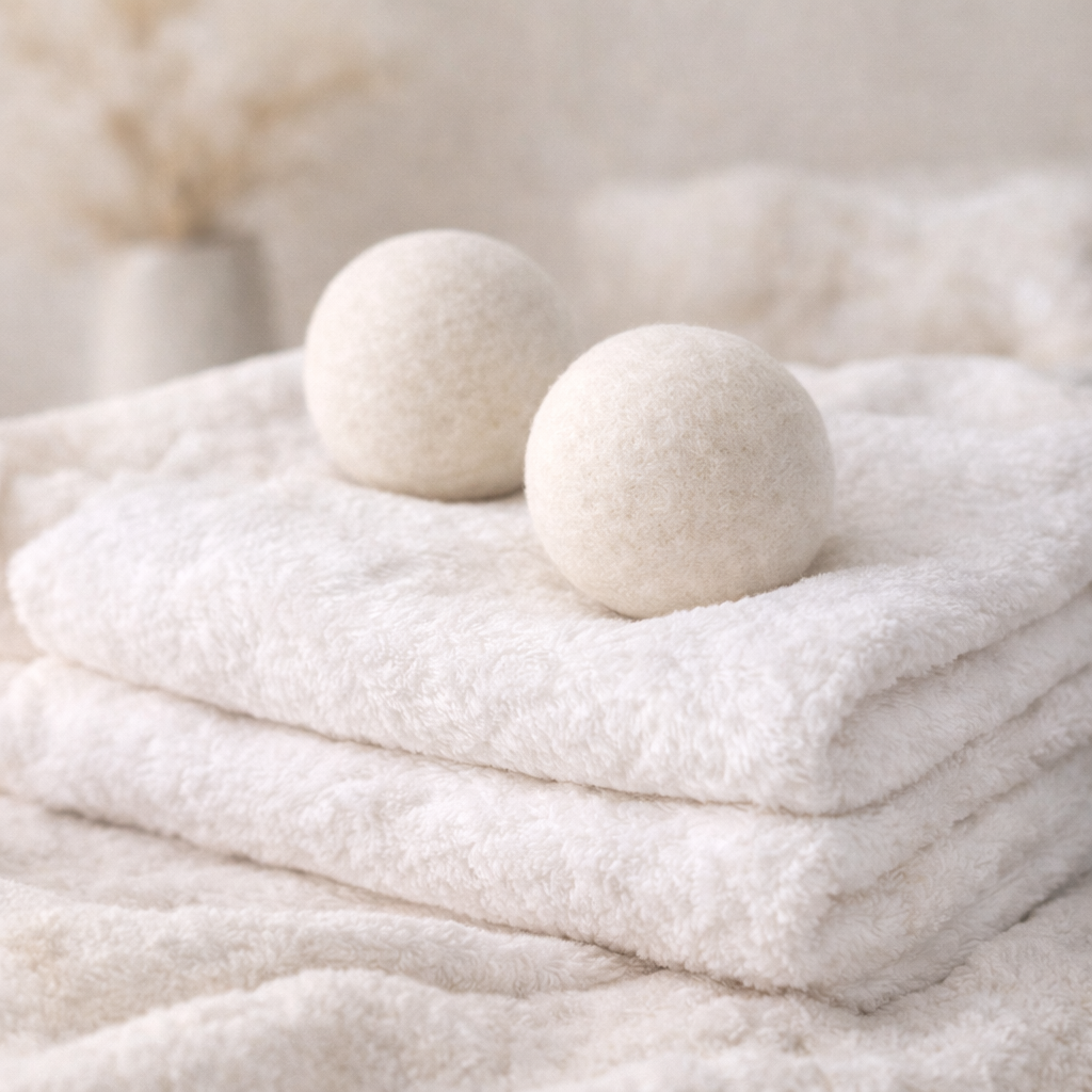 Ecologische wasdrogerballen op een stapeltje hotel handdoeken van Miss Towels.